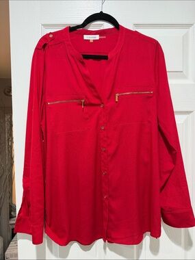 Calvin Klein Vibrant Red Long-Sleeve Button-Down Shirt with Zip Pockets